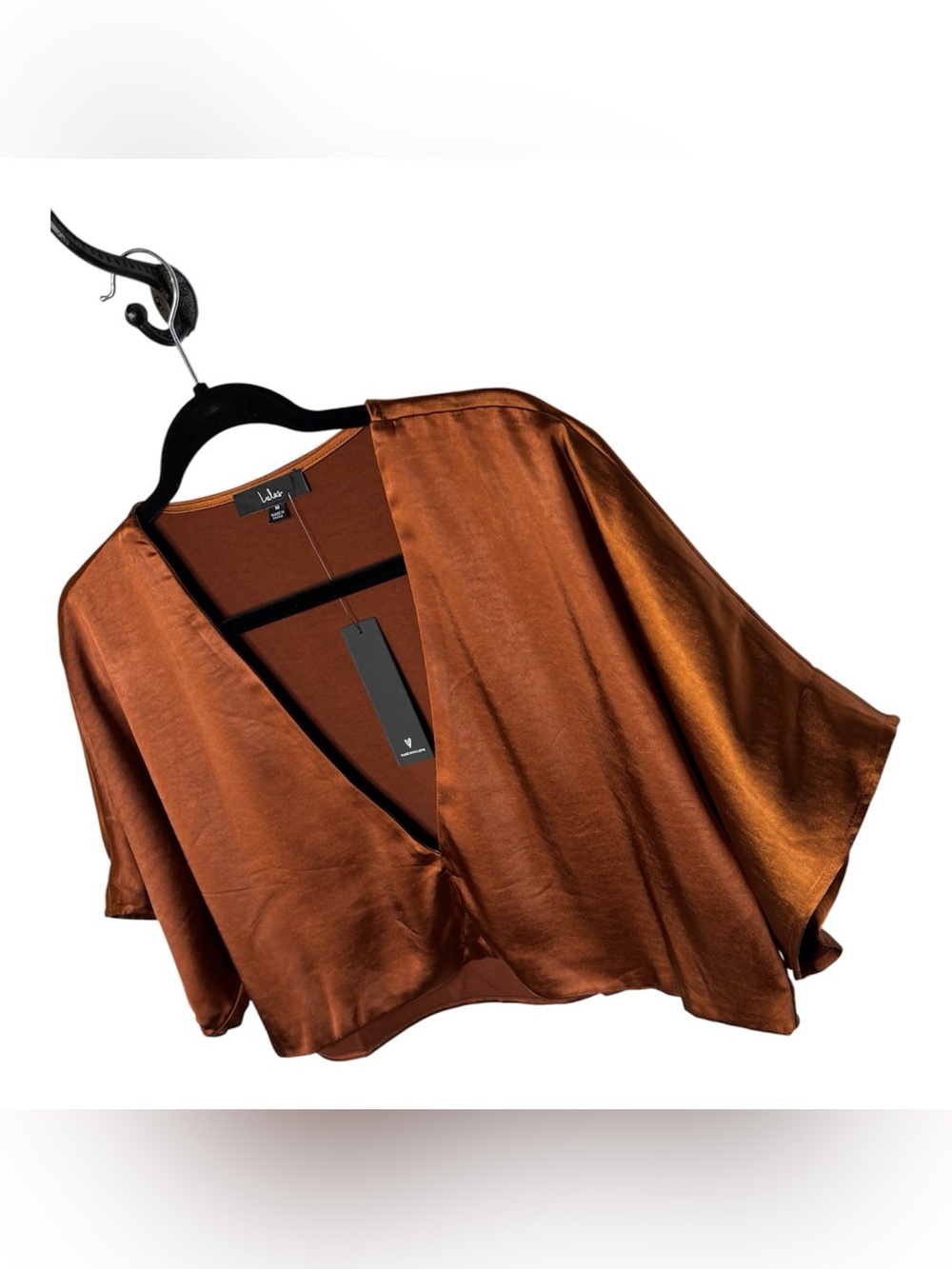 Lulus Copper Satin Short Sleeve Crop Blouse Women’s Size M Deep Plunging V-Neck